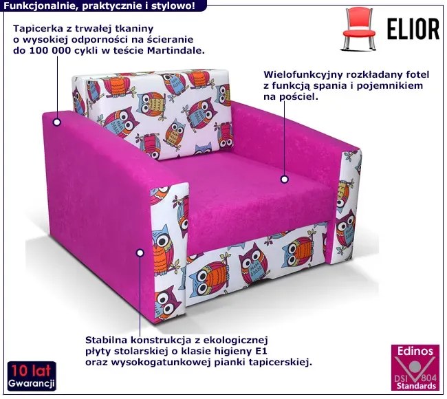 Rozkładany fotel amerykanka różowy + sowy R1-P15