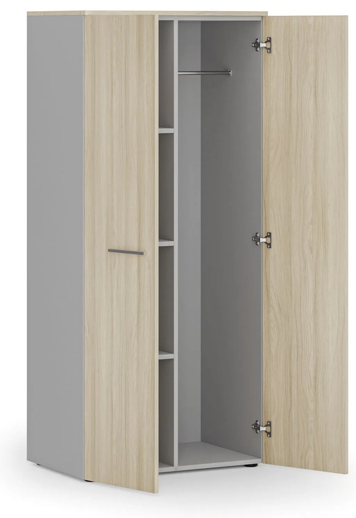 Szafa ubraniowa biurowa PRIMO GRAY, 3 półki, drążek do szafy, 800 x 500 x 1781 mm, szary/dąb naturalny