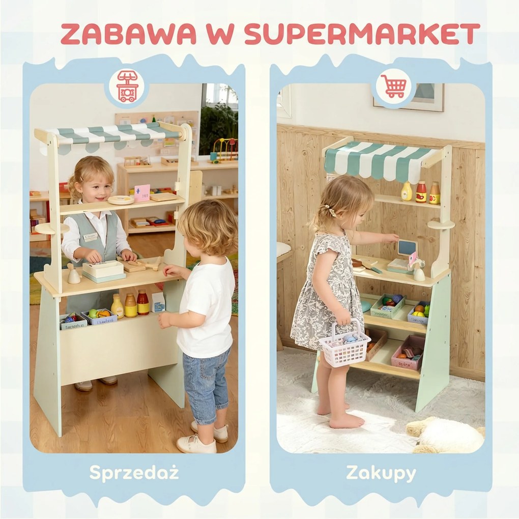 AIYAPLAY Stoisko supermarketowe dla dzieci, kasa do zabawy, 34 akcesoria, MDF, zielony