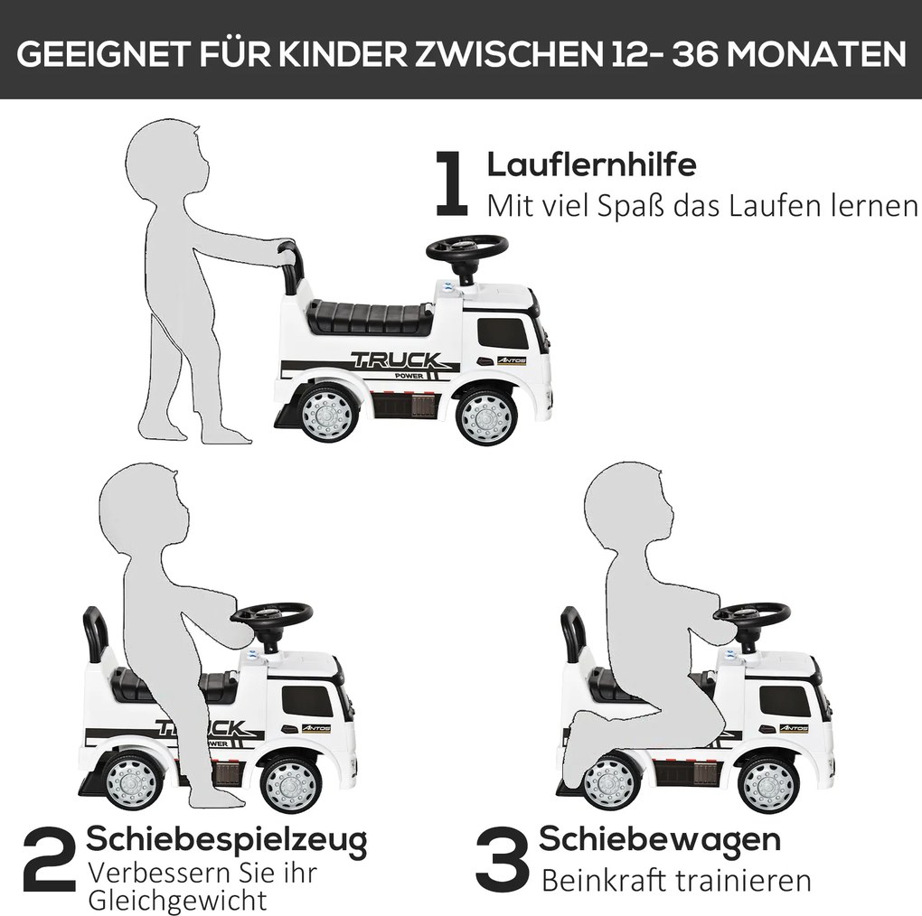 HOMCOM jeździk Mercedes ANTOS ciężarówka dla dzieci 12-36 miesięcy Biało-czarny z światłami 625x285x45cm | Aosom PL