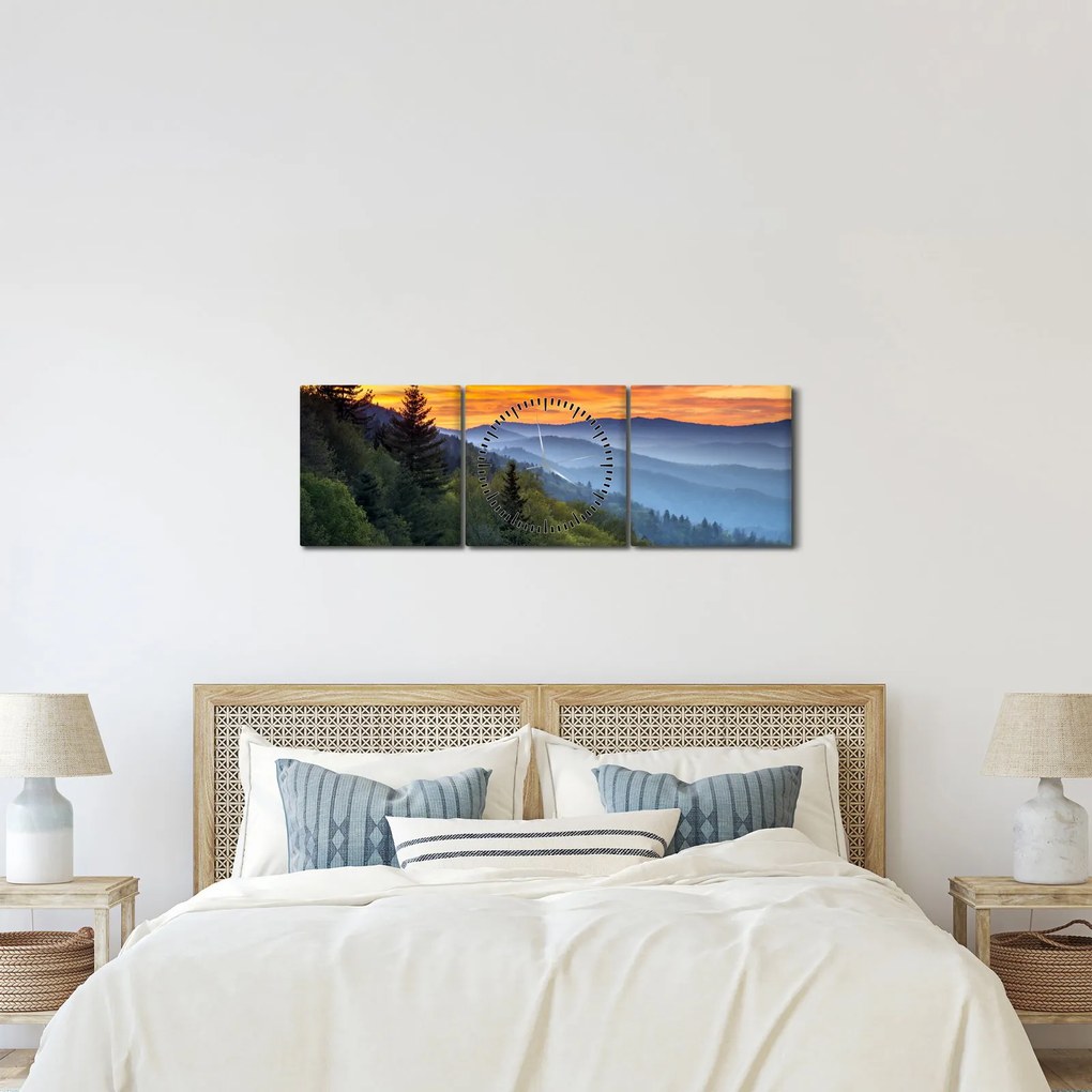 Obraz - Czerwone chmury w górach (z zegarem) (90x30 cm)