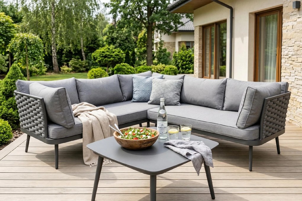 Zestaw mebli ogrodowych szary aluminium narożnik z poduszkami i stolik