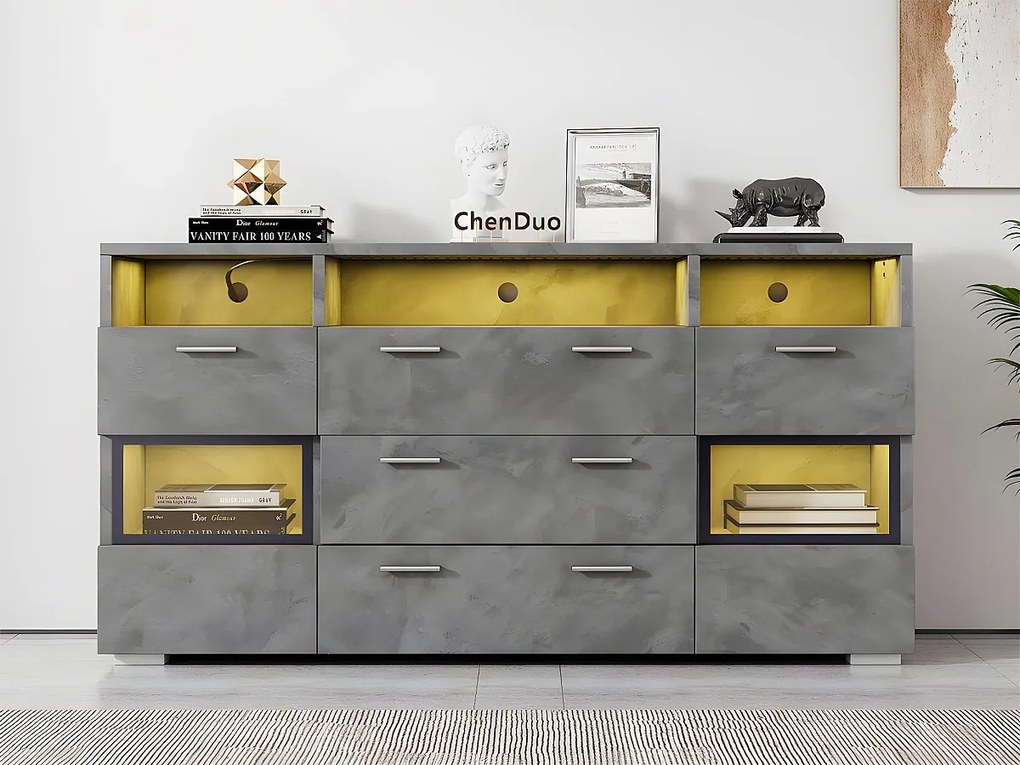 Bufet niski z oświetleniem LED - 2 drzwi, 3 szuflady i kilka otwartych przegrodów - Szary