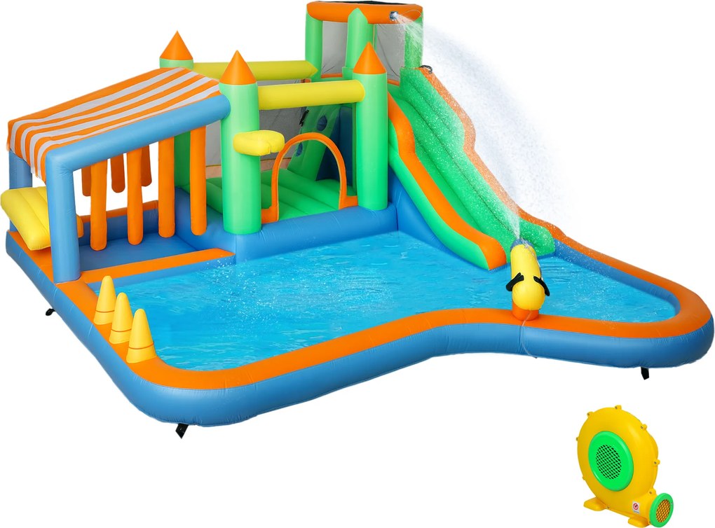 AIYAPLAY Zamek do Skakania dla Dzieci z Zjeżdżalnią Wodną, Basenem, Ścianką Wspinaczkową, na Wewnątrz i na Zewnątrz, 416 x 370 x 195 cm, Wielokolorowy