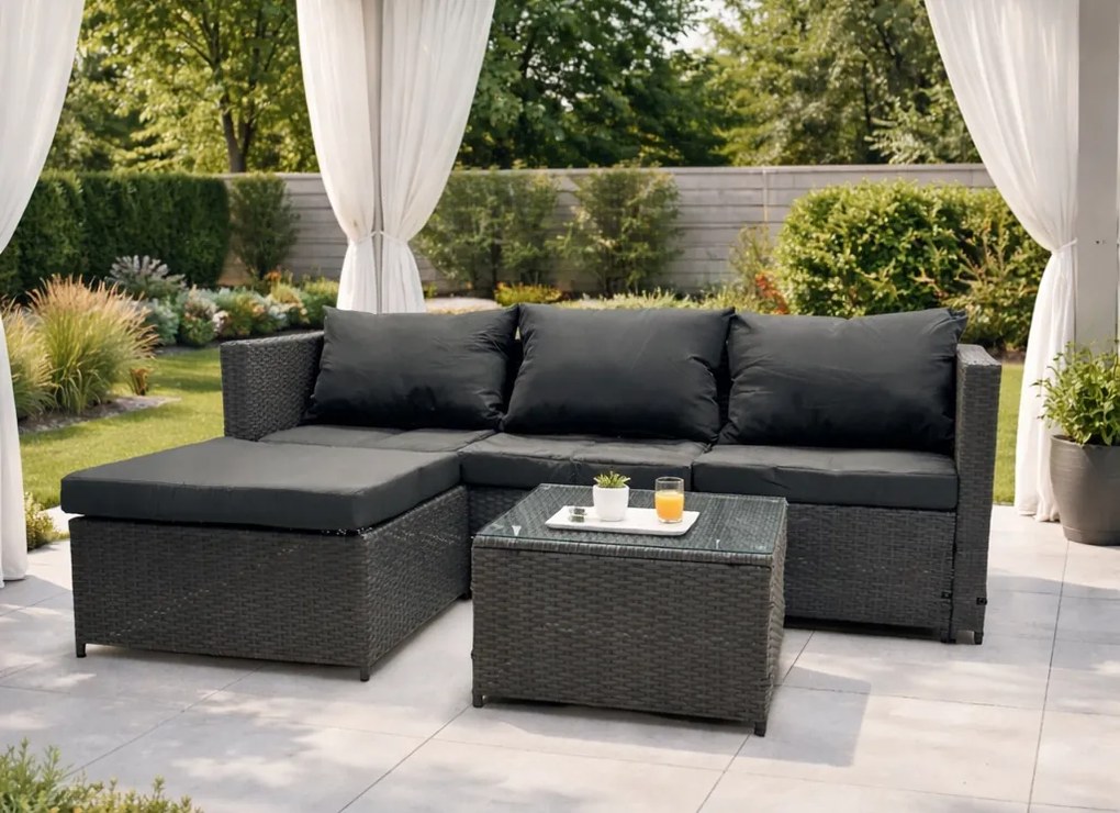 Dwustronny narożnik ogrodowy ze stolikiem Maroco 066 szary, poduszki szare