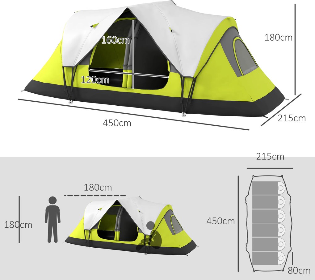 Namiot kempingowy Outsunny, 2 pomieszczenia, ścianka działowa, dla 6 osób, ochrona przed deszczem, ciemnozielony