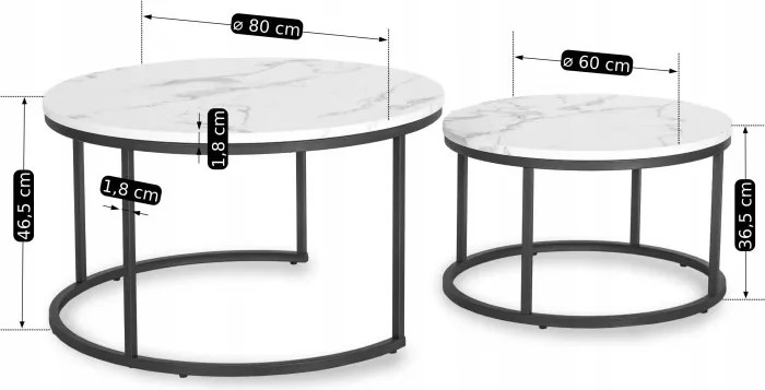 Zestaw Stolików Kawowych DAFNE MAX 60 cm/80 cm Biały Marmur Nowoczesny Glamour