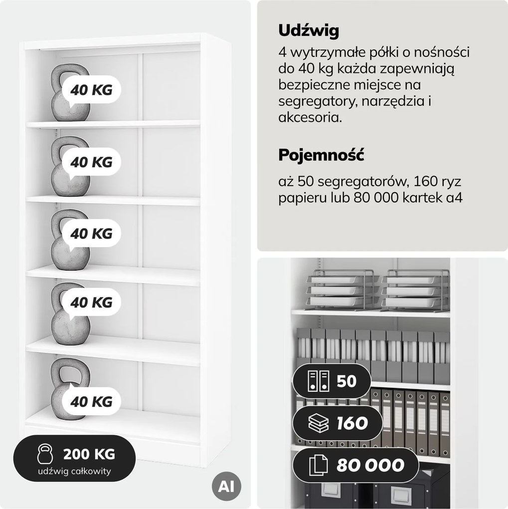 Regał metalowy na segregatory Rufus, 90x45x195 cm, kolor biały