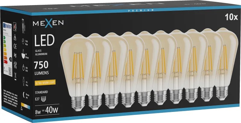 Mexen Vintis 10x żarówka filament LED E27, ST64, 8W, Ciepła - 2200K, 750 lm, amber - L152-E27-0822-50x10