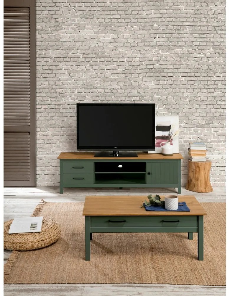 Zielono-naturalna szafka pod TV z litego drewna sosnowego 158x47 cm Miranda – Marckeric