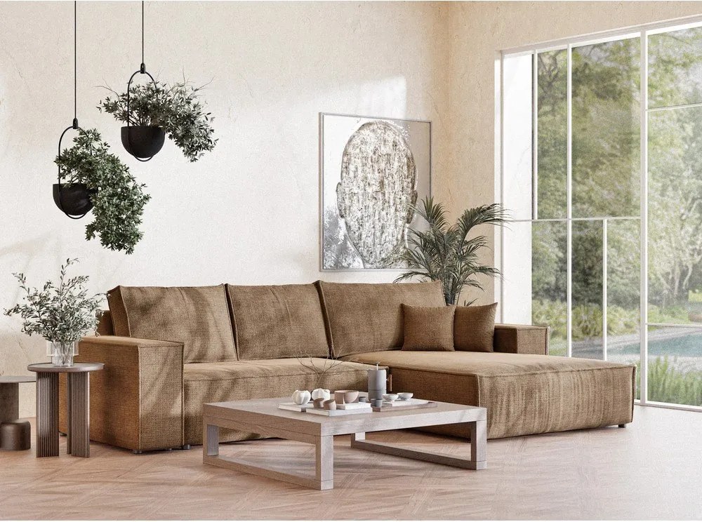 Jasnobrązowy rozkładany narożnik ze schowkiem z tkaniny szenilowej (prawostronny/z szezlongiem) Maze – Maison de Rêve