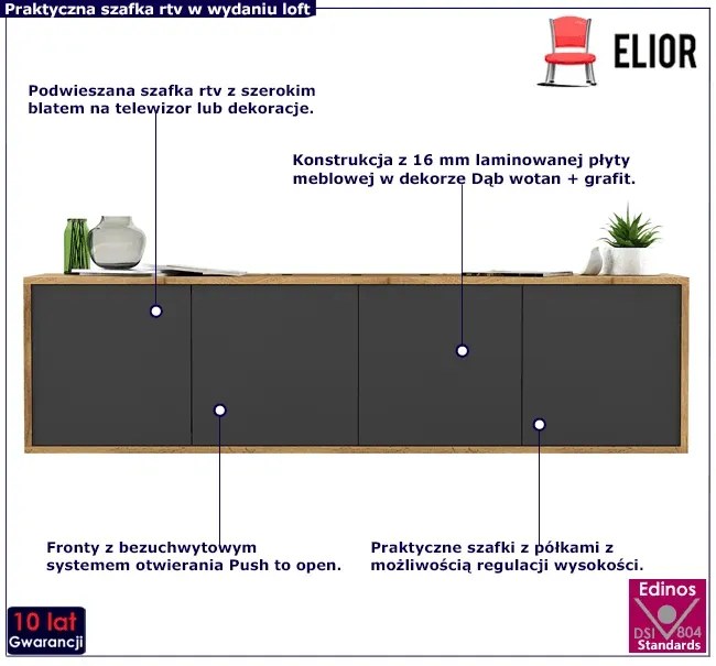 Ścienna szafka rtv dąb wotan + grafit M0-L99