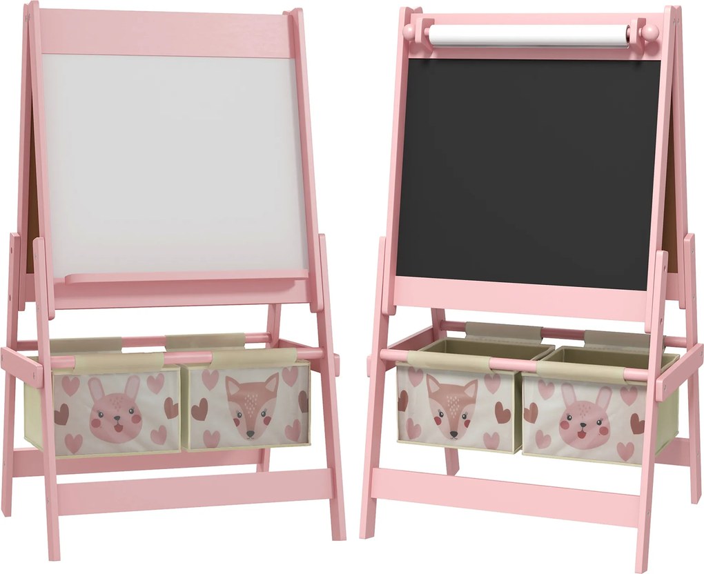 AIYAPLAY 3w1 Tablica dla dzieci z rolką papieru, kredowa, biała, z koszami na akcesoria, 54 x 46,5 x 93 cm, różowa