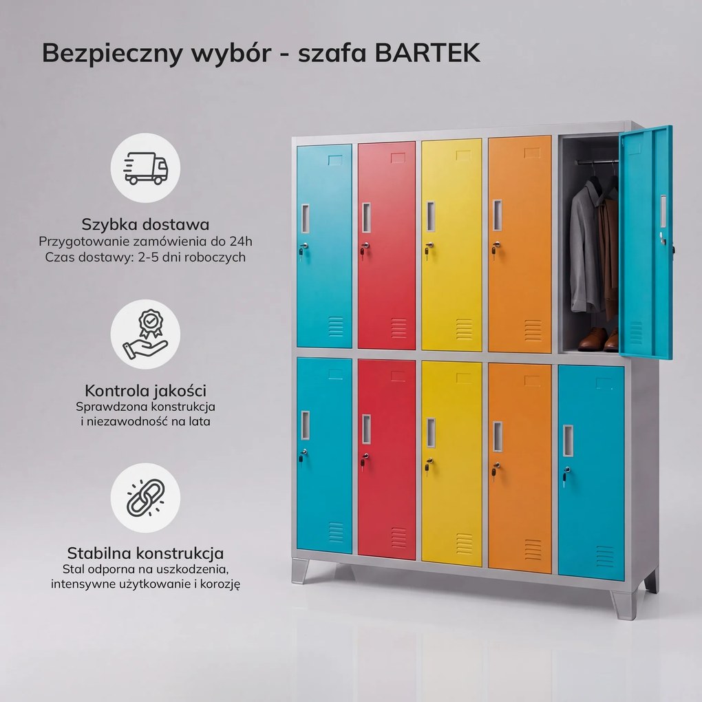 Szafa socjalna ubraniowa 10-drzwiowa szaro-wielokolorowa, 1360x1720x450 mm: BARTEK