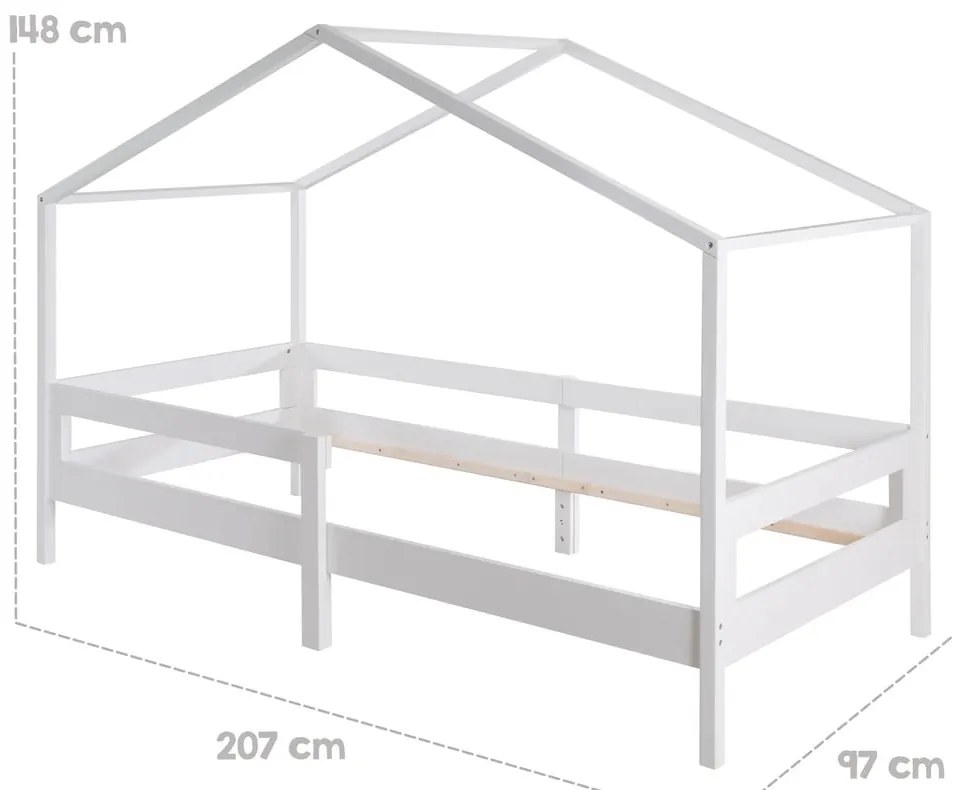 Białe łóżko dziecięce z litego drewna w kształcie domku ze schowkiem i stelażem 90x200 cm – Roba