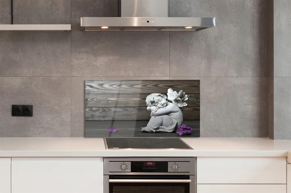 Szklany Panel Aniołek wśród Kwiatów na Drewnie