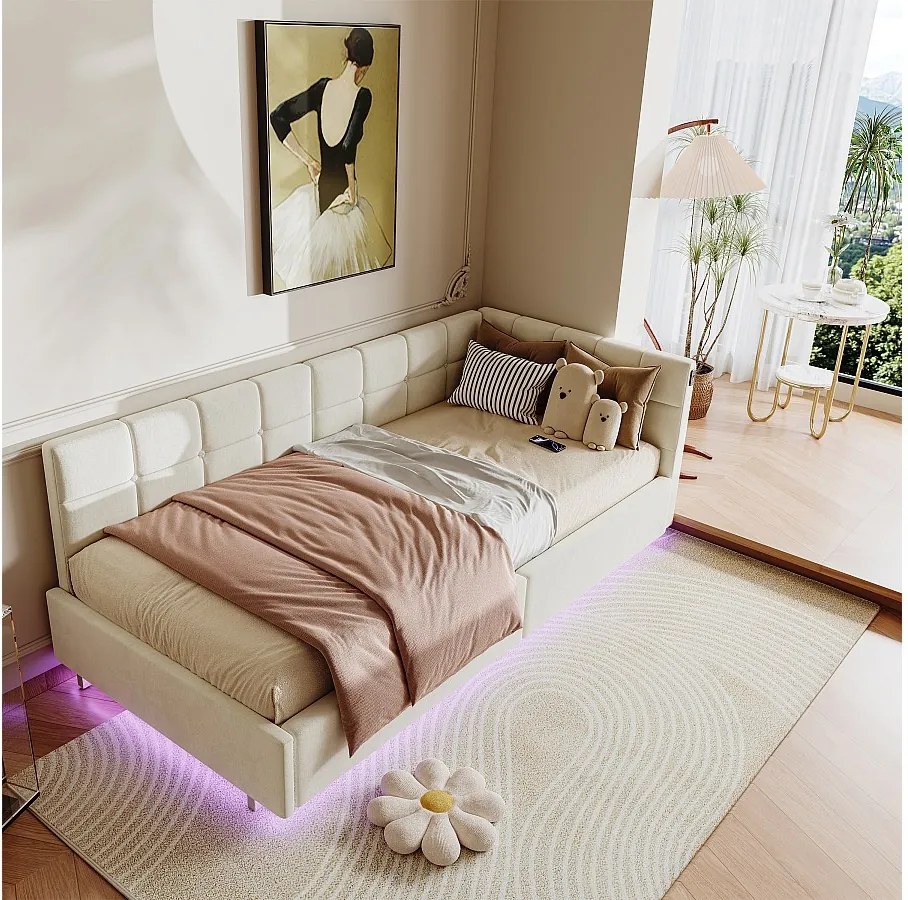 Łóżko 90x200 cm z zagłówkiem LED i schowkiem, ładowaniem przez USB i Type-C, oświetleniem RGB z pilotem – wzór z beżowego aksamitu