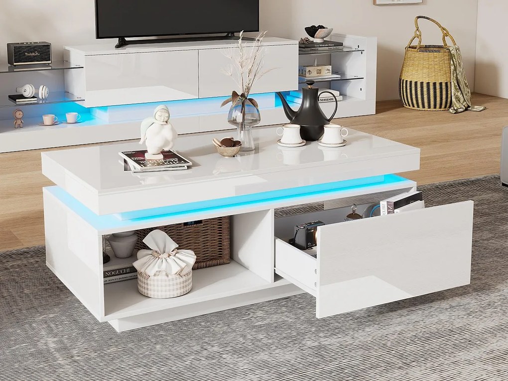 Stolik kawowy z LED - z 1 szufladą i 1 przegrodą - Biały