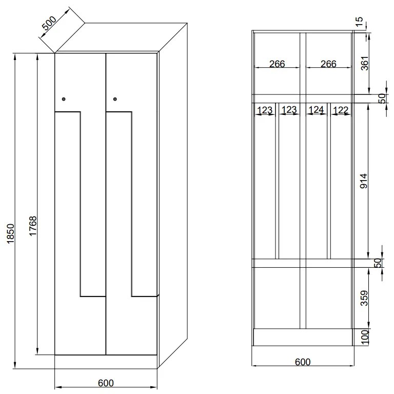 Szafka ubraniowa Z, 4-drzwiowa, 1850 x 600 x 500 mm, zamek cylindryczny, drzwi czerwone