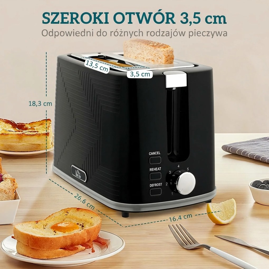 HOMCOM Zestaw czajnik i toster, 2200W, Otter-Thermostat, 2-szczelinowy toster, 7 poziomów przyrumienienia, szuflada na okruchy, czarny