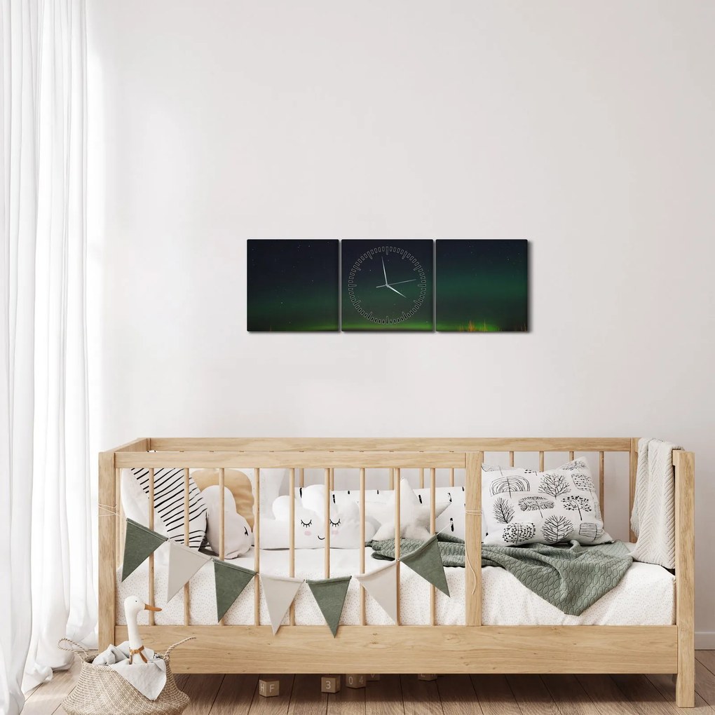 Obraz zorzy polarnej (z zegarem) (90x30 cm)