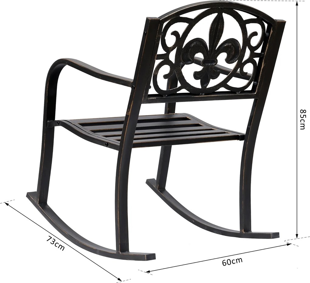 Outsunny Krzesło Bujane Ogrodowe Metalowe Antyczny Styl Brązowe Wygodne Siedzisko 60x73x85cm | Aosom PL