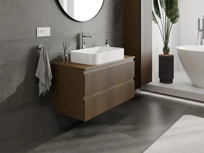 Mexen Rivel szafka łazienkowa podumywalkowa 90 cm z blatem, 2 szuflady, ryflowana , orzech - 91A20-09047-2-BFFC86