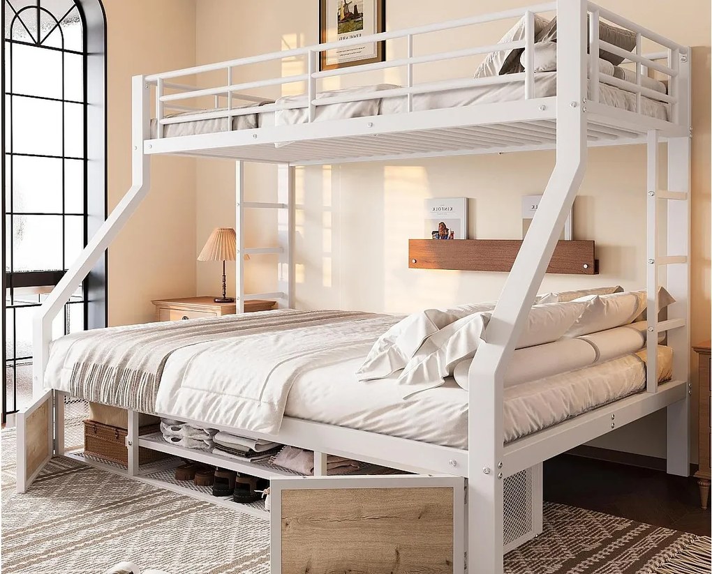 Łóżko piętrowe 90x200 cm + 140x200 cm - z półką na buty - przegrody przechowawcze - barierki bezpieczeństwa i drabina - biały