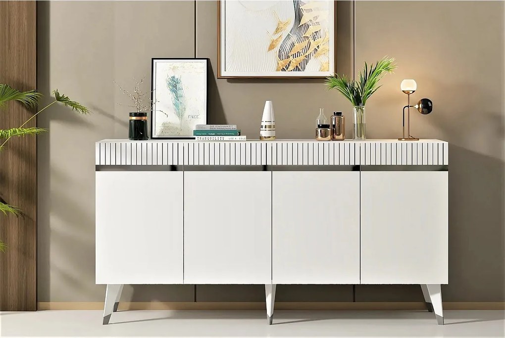 Komoda – 150 cm x 80 cm x 40 cm – Biała i srebrna – Płyta wiórowa