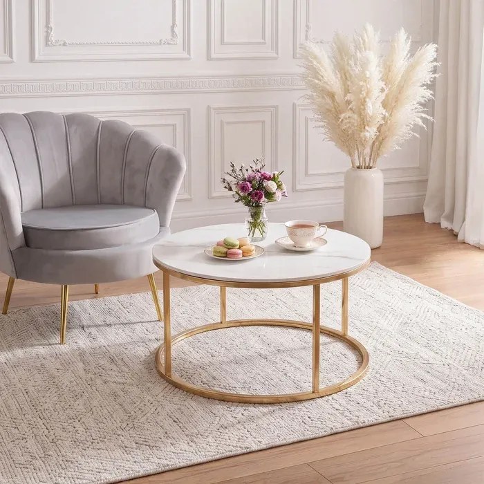 Stolik Kawowy VENICE 80 cm Biały Marmur/Złoty Glamour