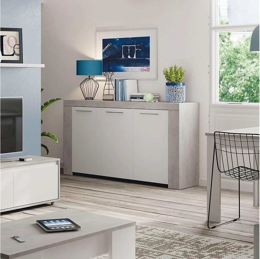 Bufet WENDY 3 drzwi L144cm - Biały i beton, Nowoczesny design, Przestronne przechowywanie