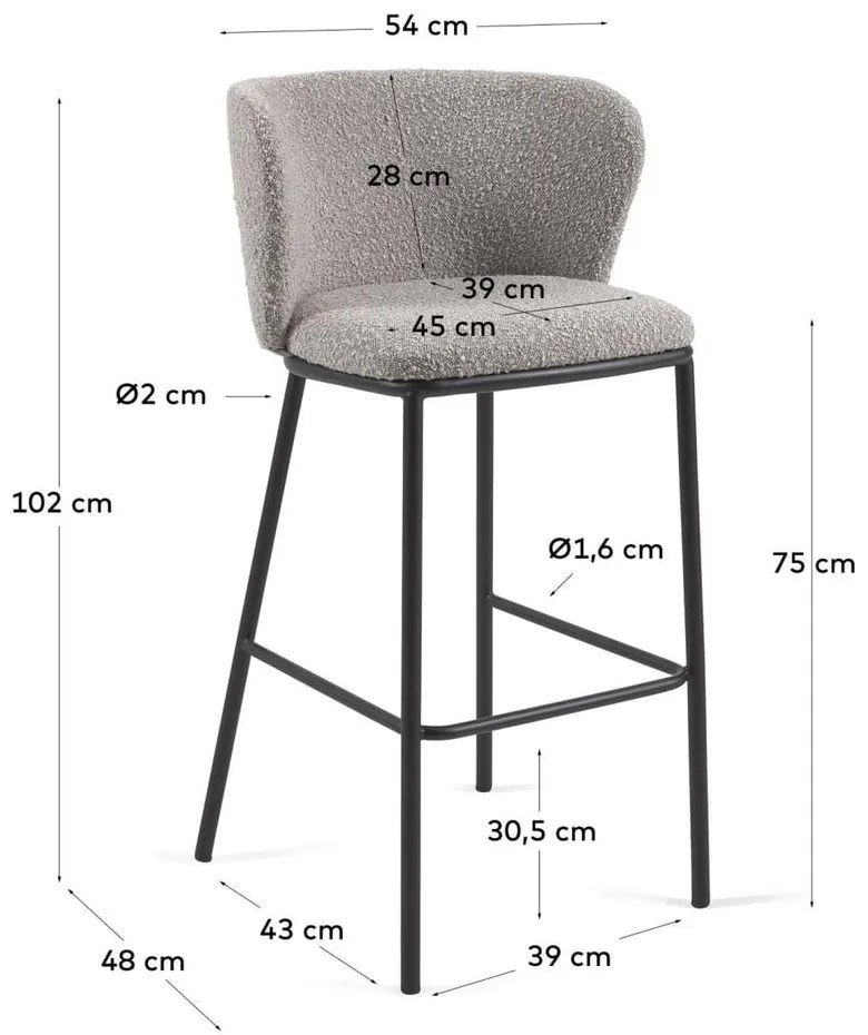 Jasnoszary hoker (wysokość siedziska 75 cm) Ciselia – Kave Home