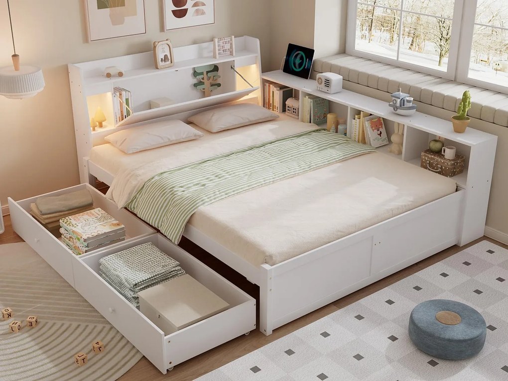 Proste łóżko 140x200 cm - z 2 szufladami - z USB i gniazdkiem - schowek w wezgłowiu i bokach - białe