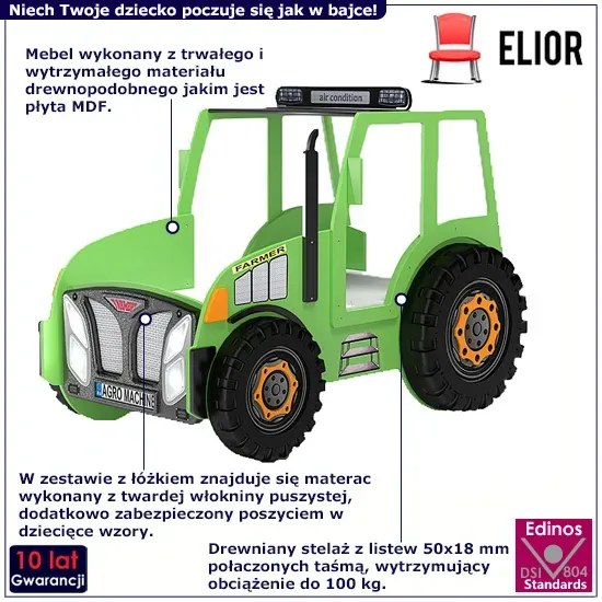 Zielone łóżko ciągnik dla dziecka z oświetleniem LED N4-G24