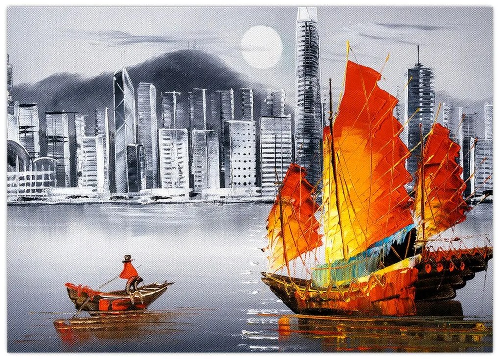 Obraz na szkle - Victoria Harbor, Hongkong, czarno-biały obraz olejny (70x50 cm)
