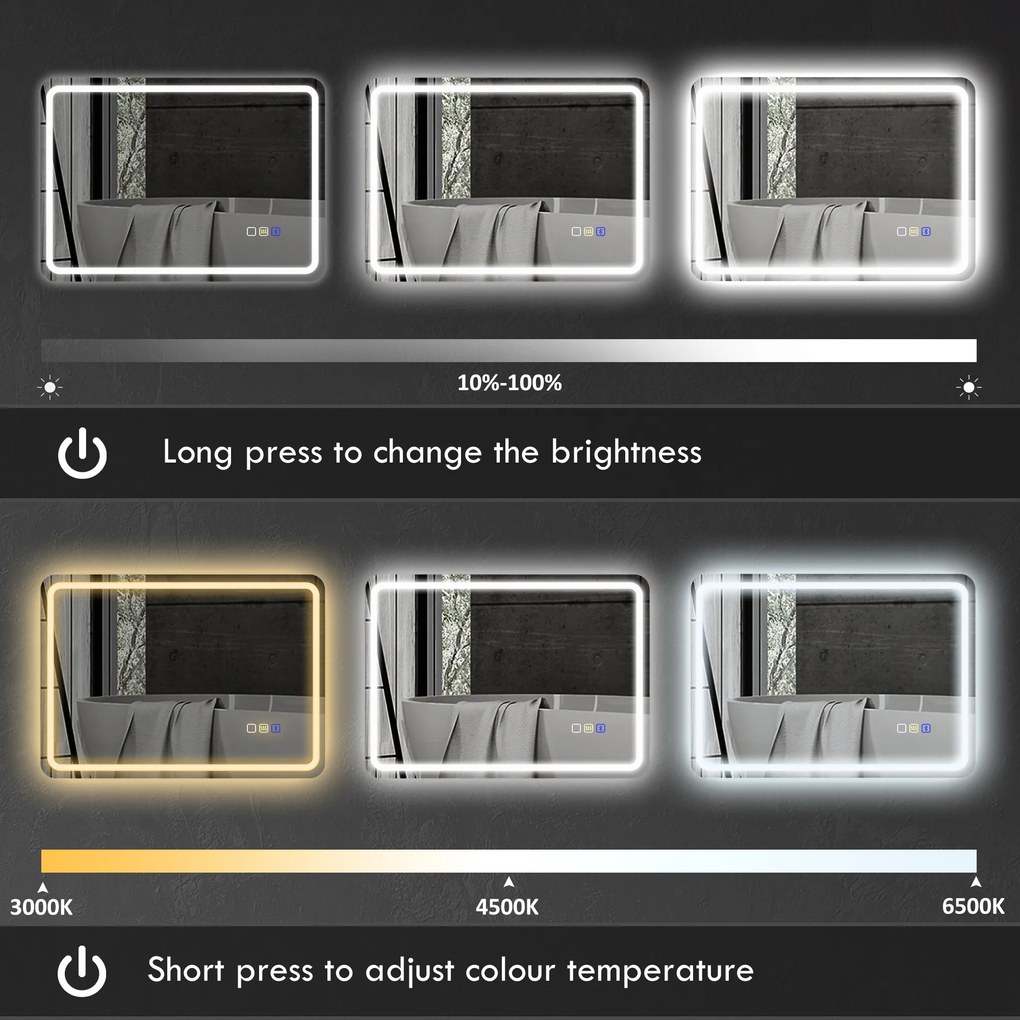 HOMCOM Lustro łazienkowe z oświetleniem LED, matą przeciwmgłową, 3 regulowanymi kolorami, 700 x 900 mm, Kolor srebrny