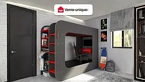 Łóżko na antresoli gamer 90 x 200 cm - Z biurkiem i ze skrzynią  - Z diodami LED - Kolor antracytowy i czerwony - WARRIOR