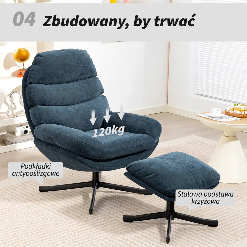 HOMCOM Fotel relaksacyjny z podnóżkiem, lounge z tkaniny chenille, nowoczesny fotel do oglądania TV, 78 x 93 x 100 cm, niebieski