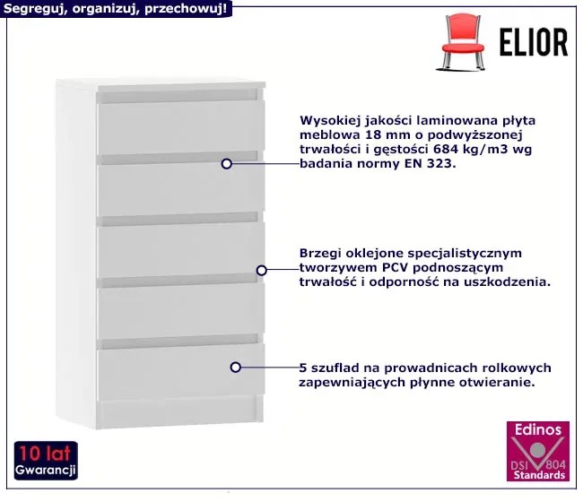 Biała Komoda Z Pięcioma Szufladami Damo