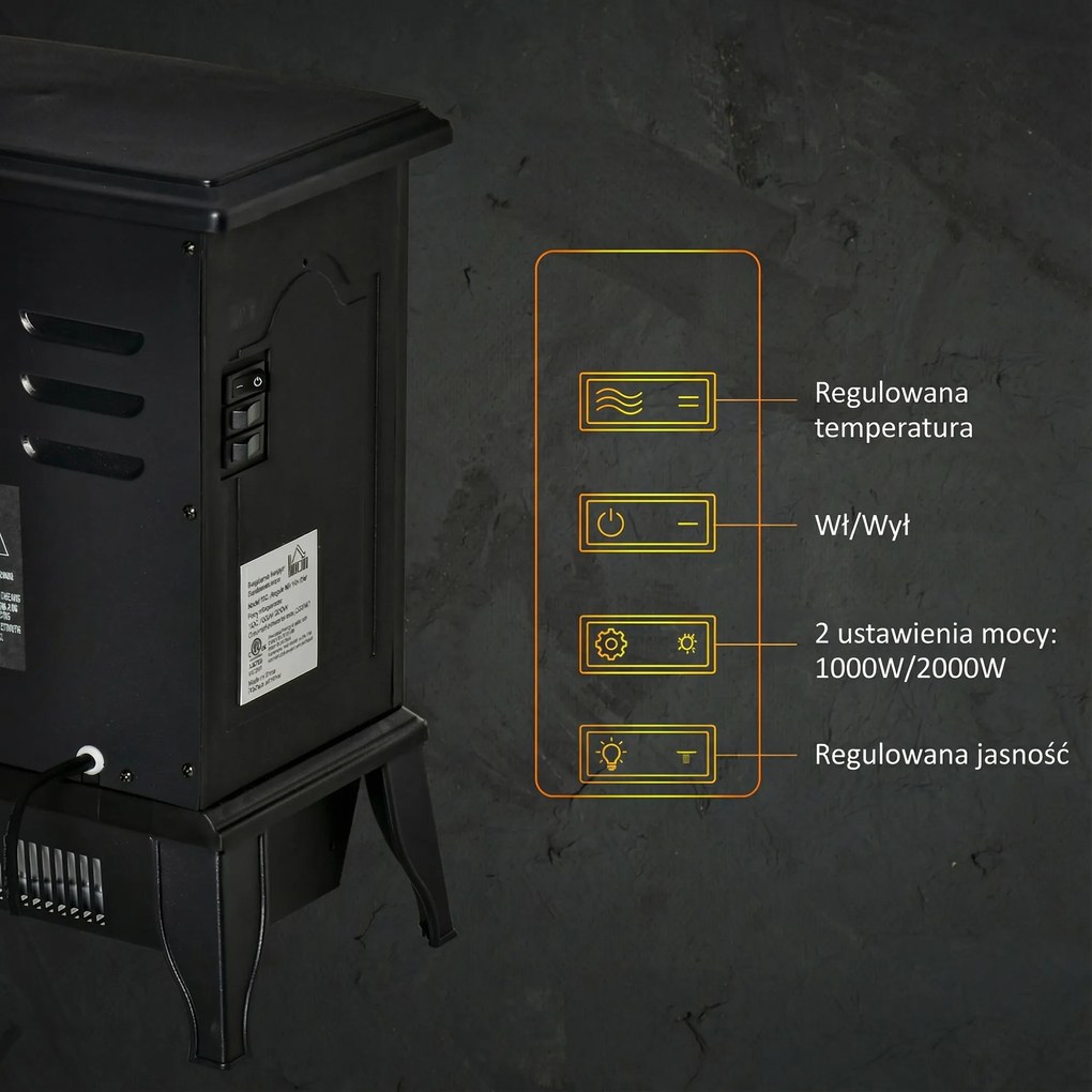 HOMCOM Elektryczny Kominek Wolnostojący, Efekt Płomieni, 2 Tryby Grzewcze 1000W/2000W, Hartowane Szkło, Czarny, 36,5x24x45,5 cm