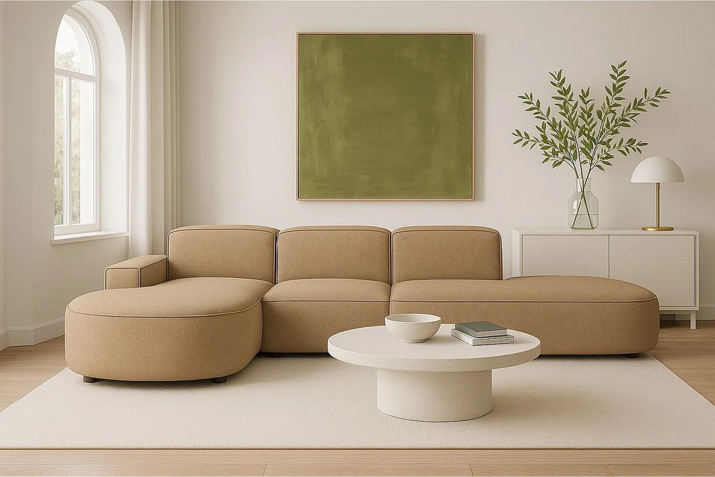 Narożnik modułowy CURSAL F lewostronny 364×166×70 cm brązowy Raven 34 – zaokrąglone leżanki, wolnostojący