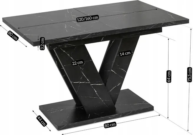 Stół Prostokątny Rozkładany CLARK 120-160 cm Czarny Marmur Glamour