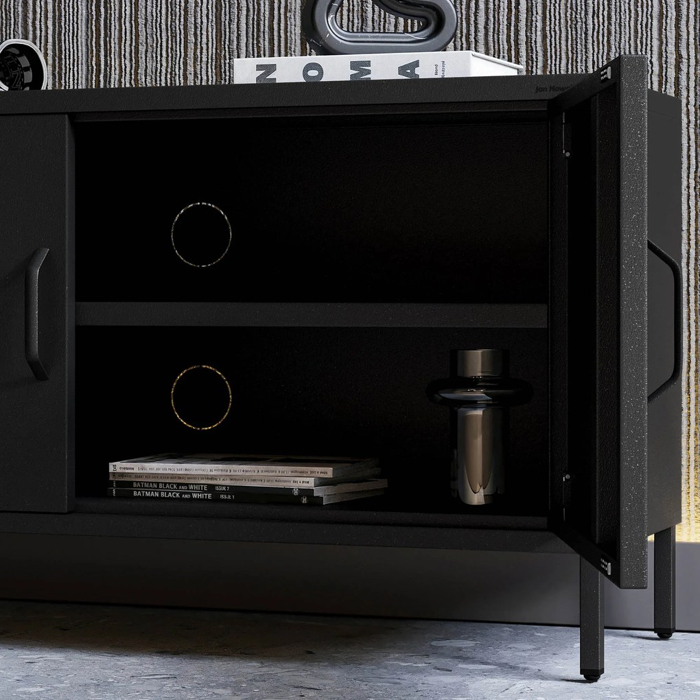 Szafka RTV metalowa na nóżkach czarna, 1150x595x400 mm: ROSA Modern