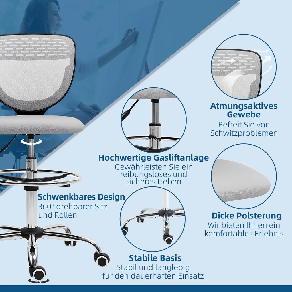 Vinsetto Fotel biurowy, krzesło robocze, fotel do biurka, regulacja wysokości, tapicerowany, jasnoszary | Aosom PL