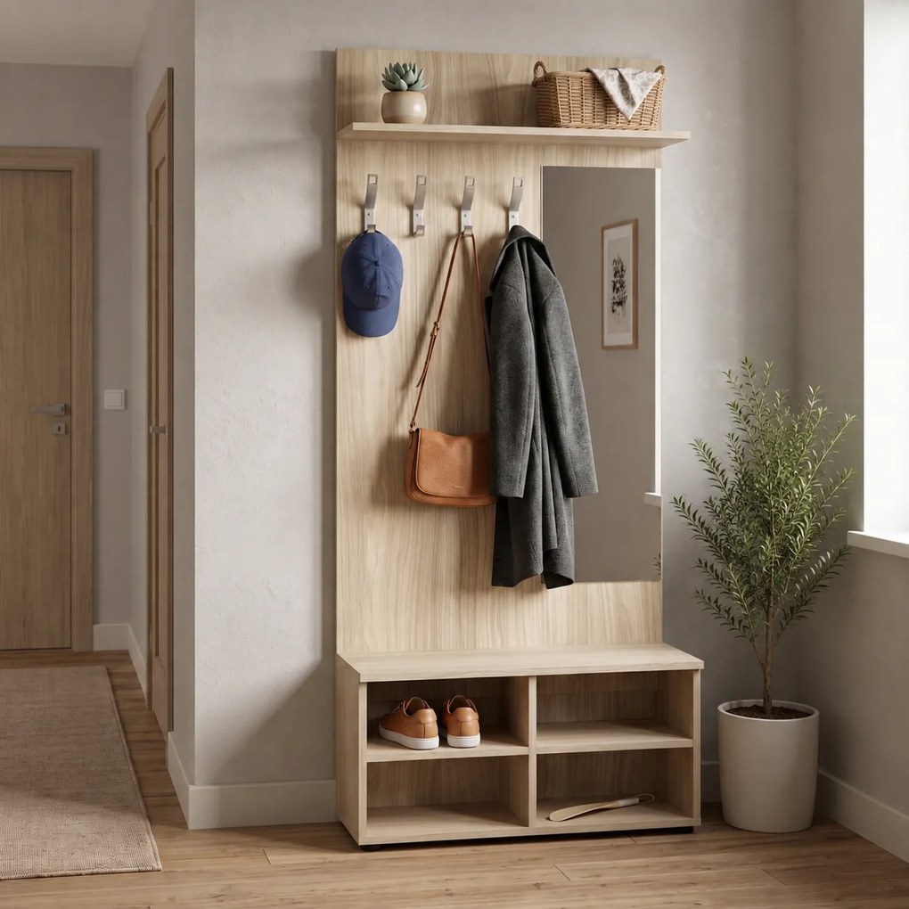 Garderoba z szafką na buty i lustrem PRIMO WOOD, 4 haczyki, półka, tekstura drewna pionowa, dąb naturalny