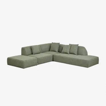 Sofa Narożna Modułowa Cardea 3-częściowa Z Szezlongiem Po Prawej Stronie I Tapicerowanym Pufem Bouclé Salvia Zieleń - Sklum