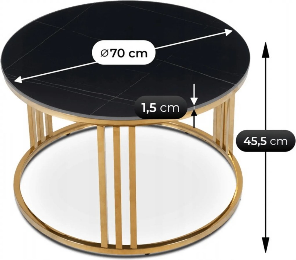 Stolik Kawowy Ceramiczny KORIN 70 cm Czarny Marmur/Złoty Glamour Nowoczesny