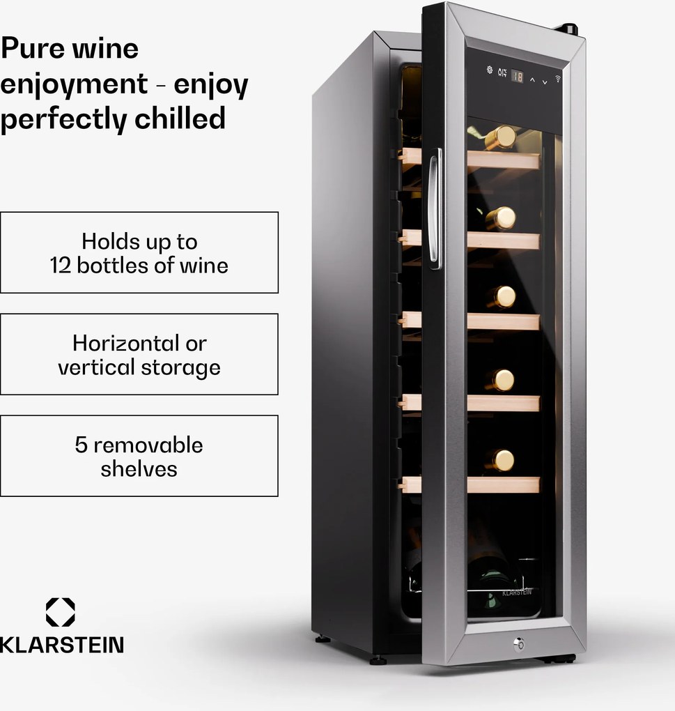 Klarstein Shiraz Premium Smart 25cm 12 Butelek Winiarka Wolnostojąca Srebrny