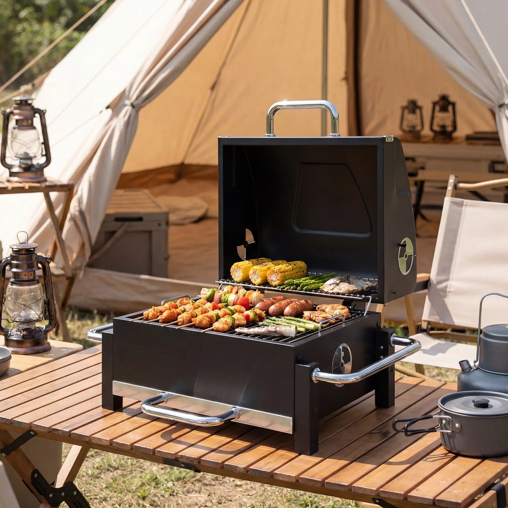 Outsunny Grill na węgiel drzewny ze stali przenośny BBQ Smoker z pokrywą regulowanymi otworami wentylacyjnymi dwupoziomowy pojemnik na węgiel termometr | Aosom PL