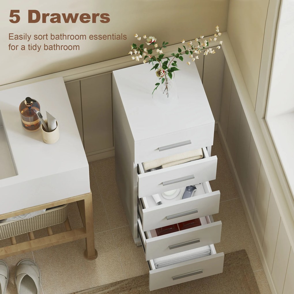 HOMCOM Szafka łazienkowa Wąska szafka z 5 szufladami do łazienki 30 x 30 x 95 cm Biały | Aosom PL